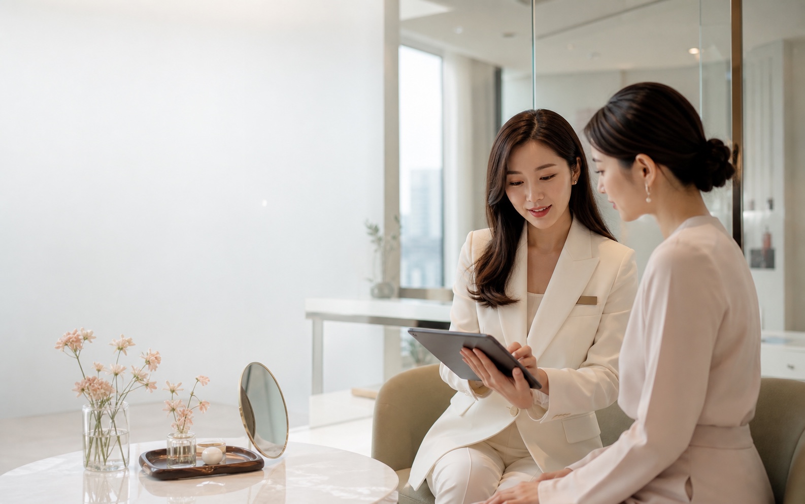 A concierge coordinator reviewing a treatment plan with a client in a Seoul clinic